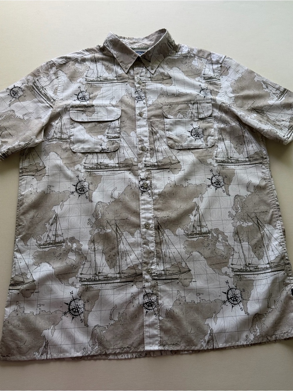 Chaps Beige and White Map & Sailboat Short-Sleeve Button-Down Shirt